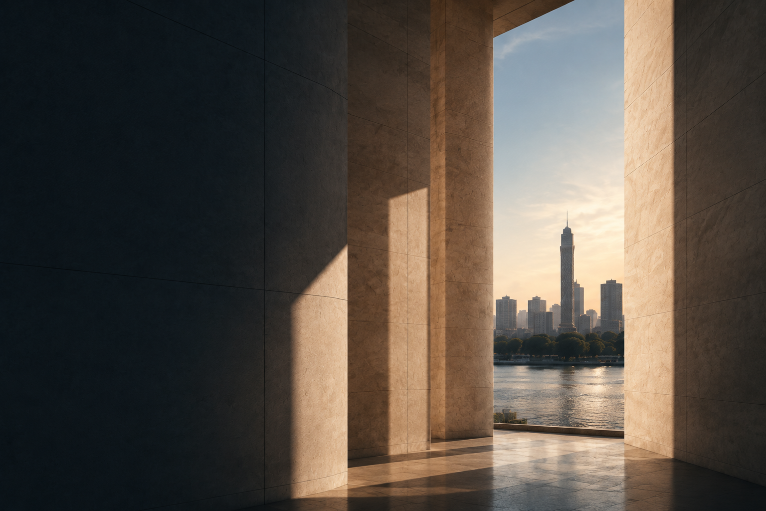 Contemporary stone architecture opening toward the Cairo skyline and Nile